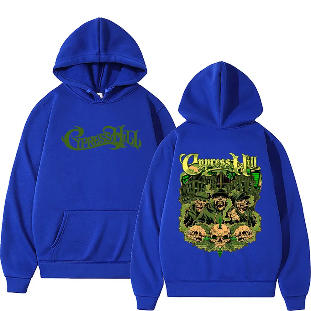 Royal blue limited rapper cypress hill skeleton hoodie with bold green yellow graphic for women hip hop fashion oversized pullover