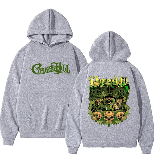 Back view of gray cypress hill skeleton hoodie with detailed band member skull graphic for women hip hop fashion