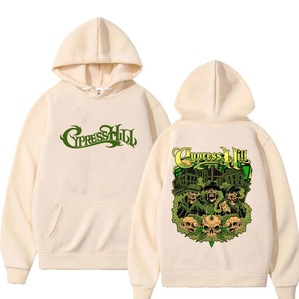 Cream-colored limited rapper cypress hill skeleton hoodie with green logo front and skull band graphic back for women hip hop