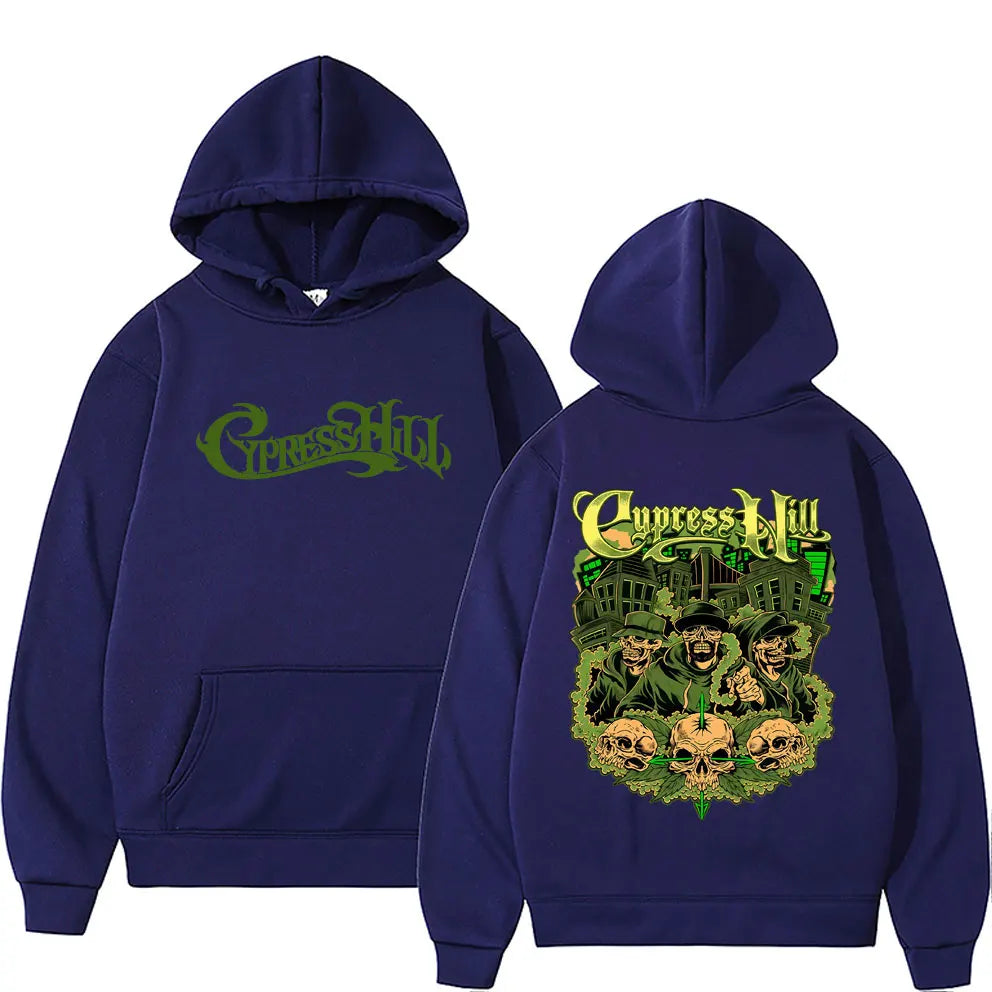 Navy blue limited rapper cypress hill skeleton hoodie with green logo front and skull band graphic back women hip hop style