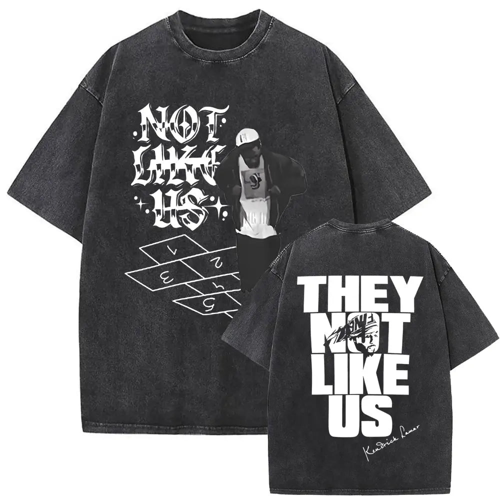 Black oversized street crewneck t shirt with white not like us graphic and hopscotch design for limited rapper kendrick fans