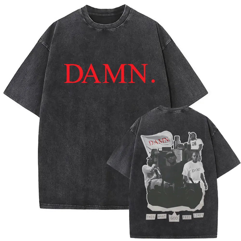 Black oversized street crewneck t shirt with faded texture and bold red damn text limited rapper kendrick style women hip hop