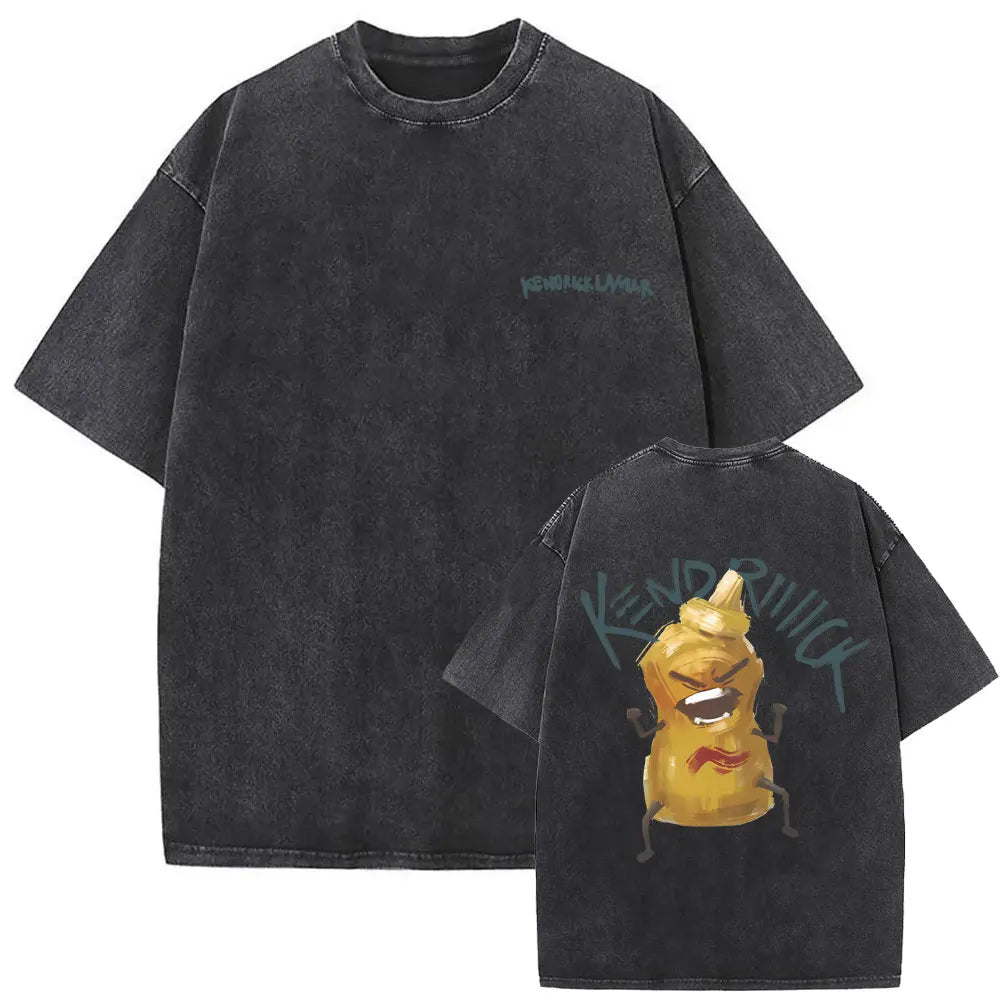 Black oversized street crewneck t shirt with cartoon mustard bottle on back and faded limited rapper kendrick lettering