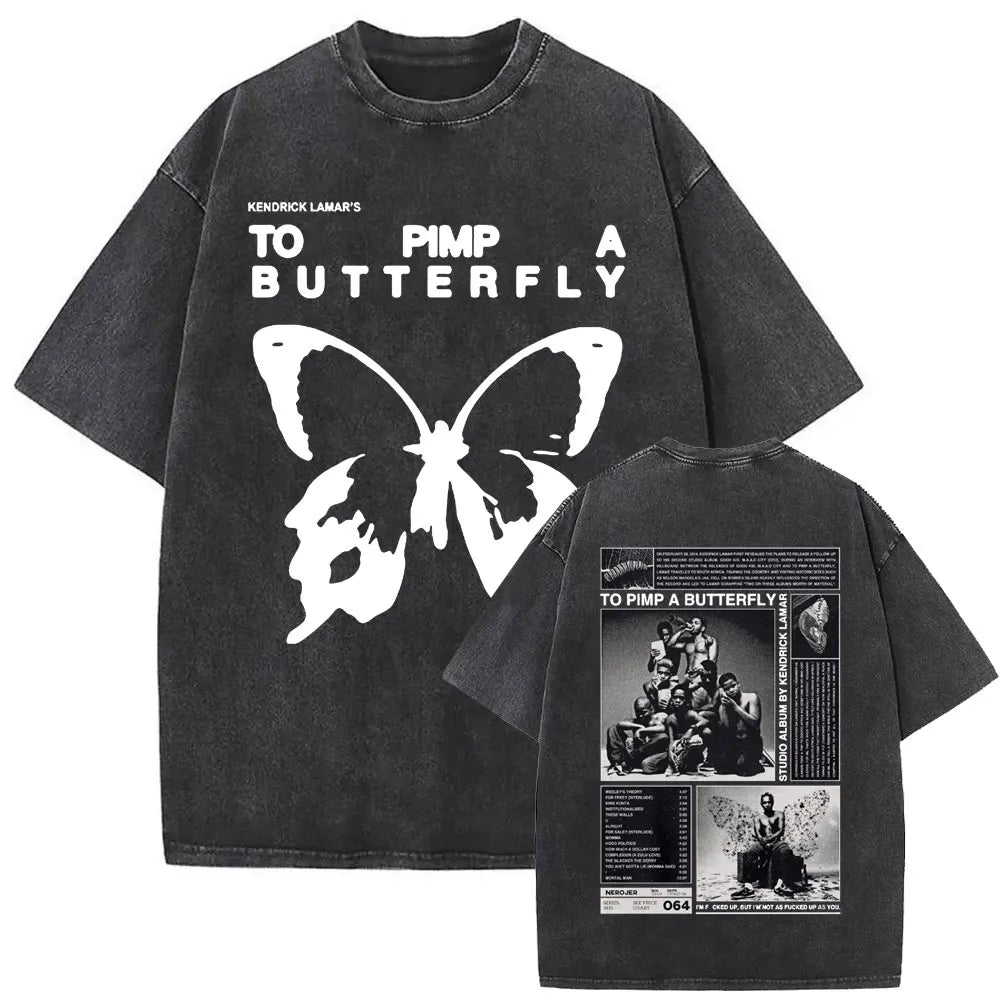 Black oversized street crewneck t shirt with white butterfly graphic and kendrick lamar album art on back for women hip hop