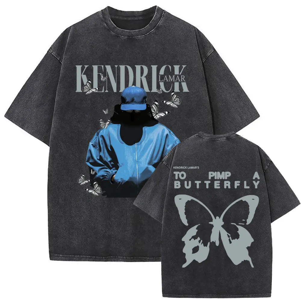 Black distressed cotton oversized street crewneck t shirt with limited rapper kendrick graphic and to pimp a butterfly text on back