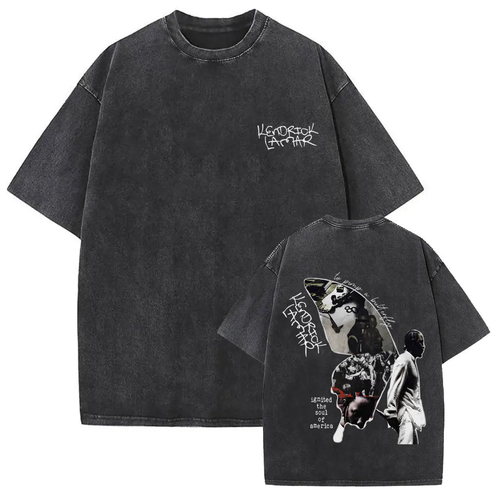 Black oversized street crewneck t shirt with faded texture and limited rapper kendrick graphic prints for women hip hop