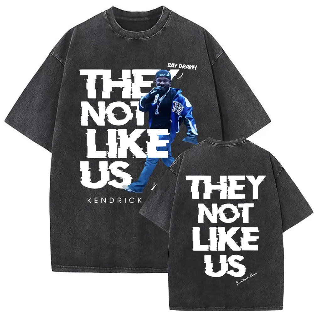 Black oversized street crewneck t shirt with distressed fabric and bold white rapper Kendrick Lamar graphic print front and back