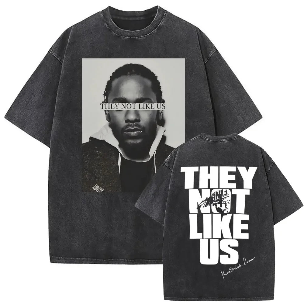 Black oversized street crewneck t-shirt with faded kendrick lamar portrait front and bold they not like us back print