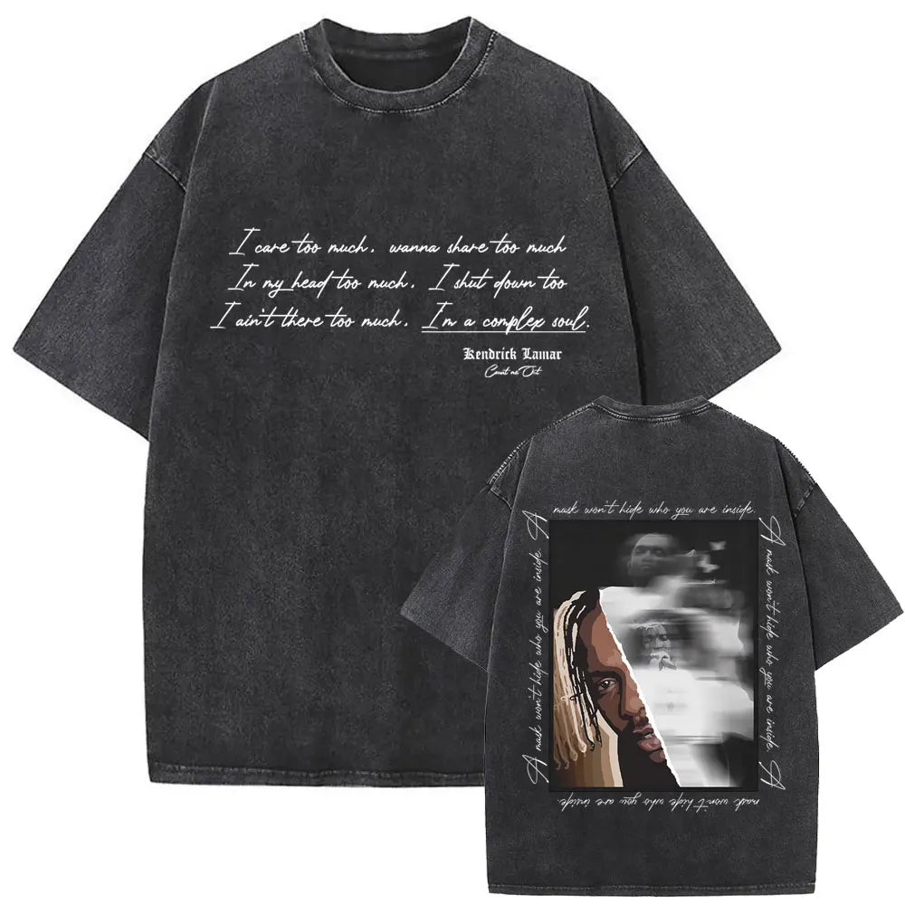 Black oversized cotton t-shirt back with faded graphic print and handwritten text limited rapper kendrick hip hop streetcrewneck