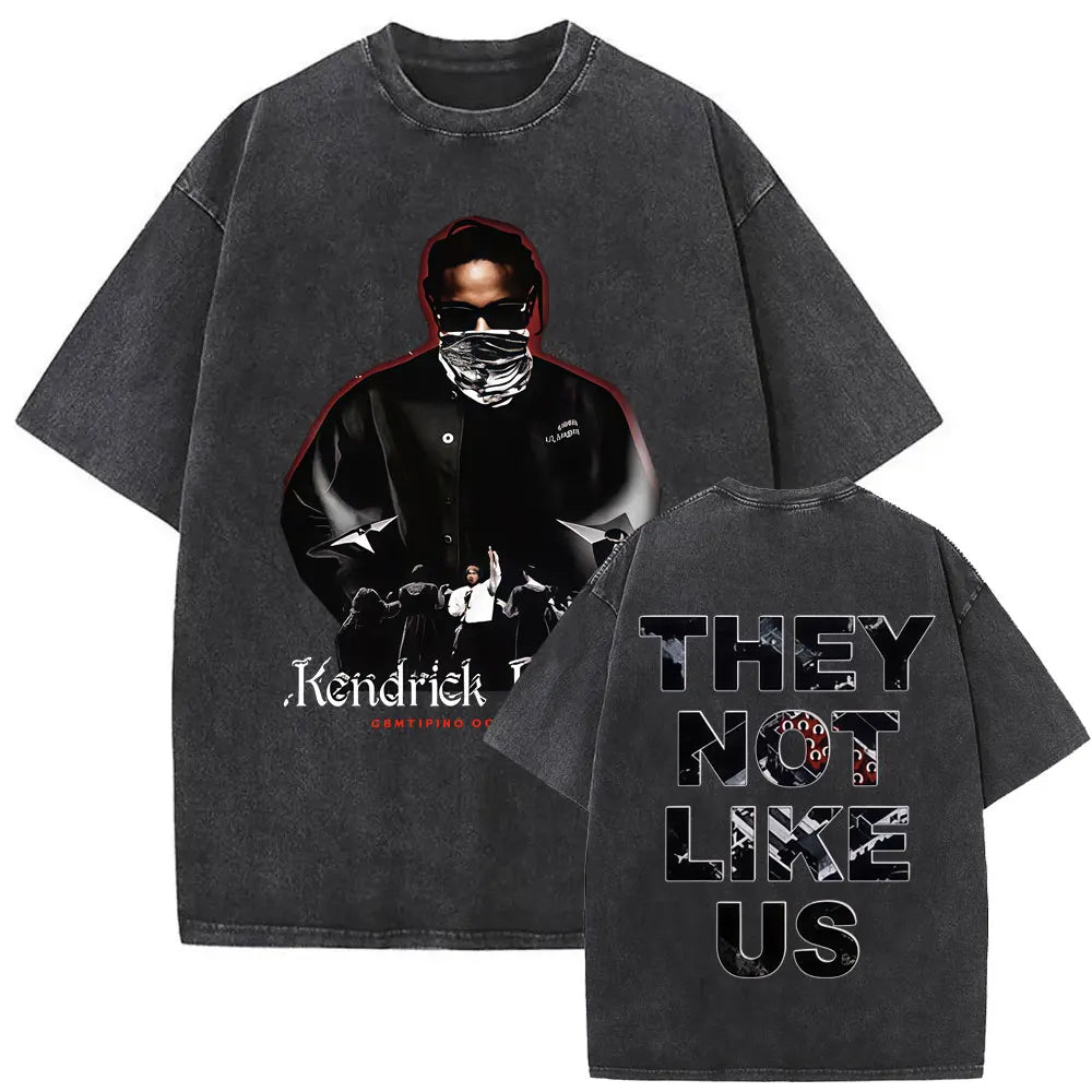 Black oversized cotton t shirt back featuring limited rapper kendrick lamar graphic and they not like us text for women hip hop use