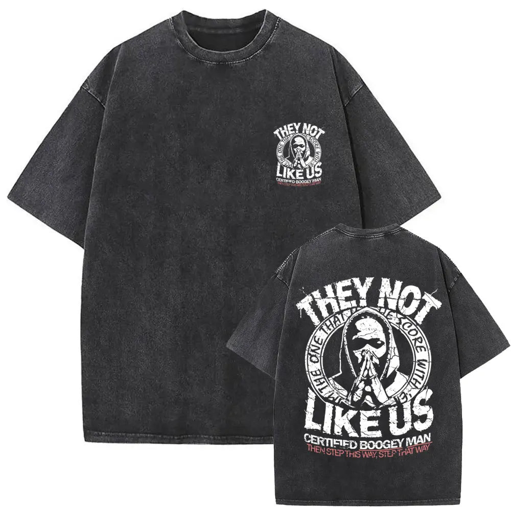 Black oversized street crewneck t-shirt with faded texture and bold white hoodie graphic and they not like us text for women hip hop fans