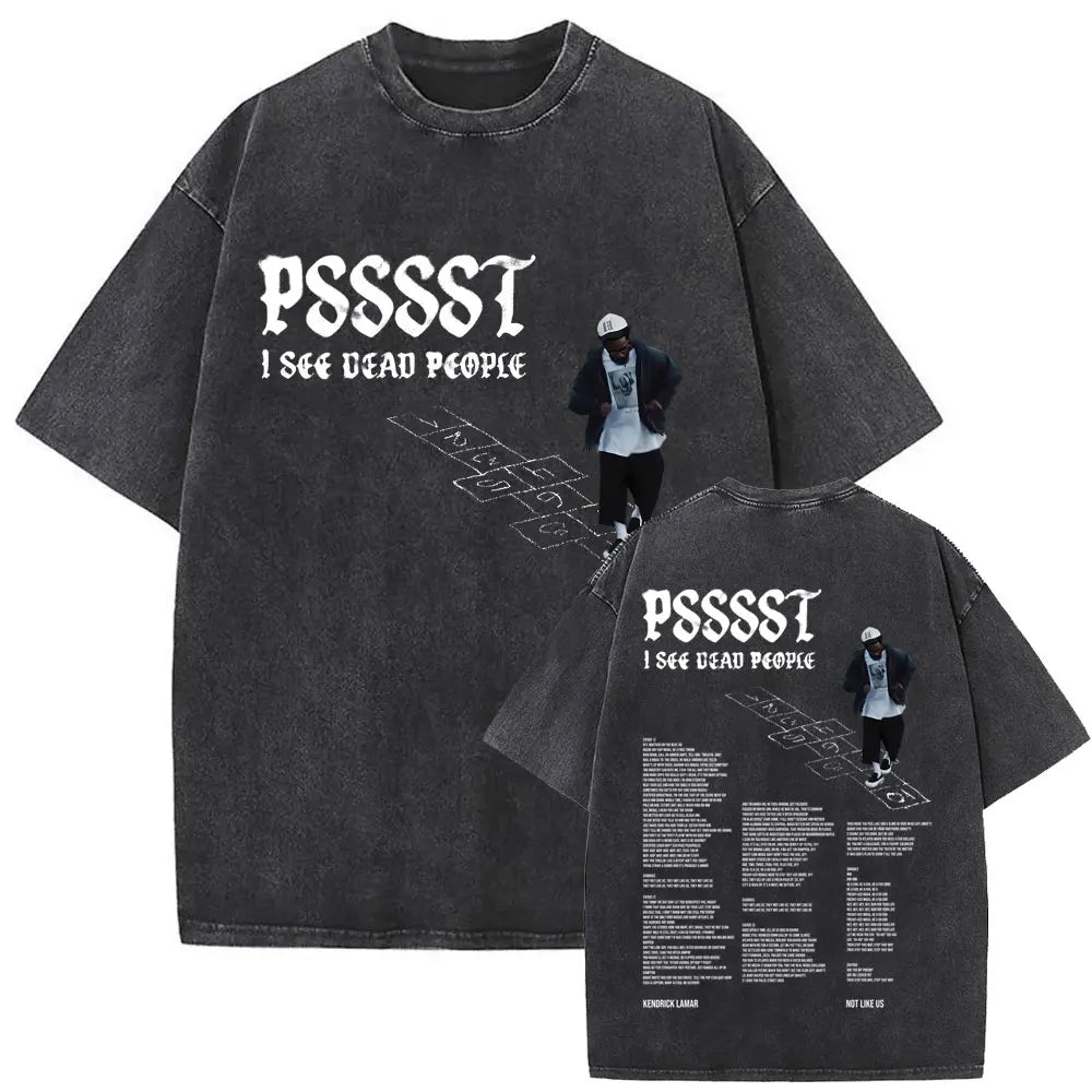 Black oversized street crewneck t shirt featuring a faded limited rapper kendrick graphic and lyrics on the back for women hip hop fans