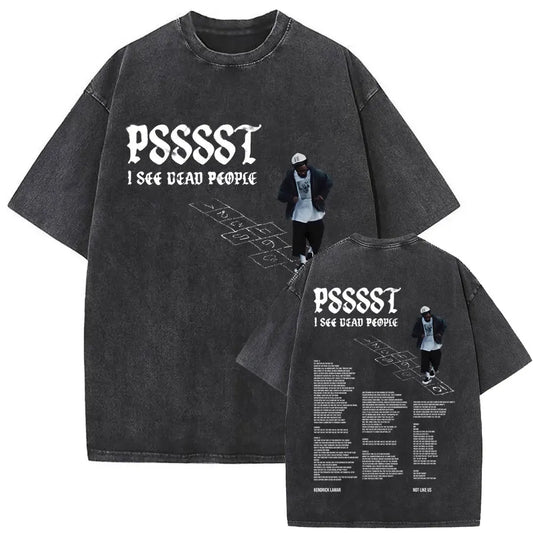 Black oversized street crewneck t shirt featuring a faded limited rapper kendrick graphic and lyrics on the back for women hip hop fans