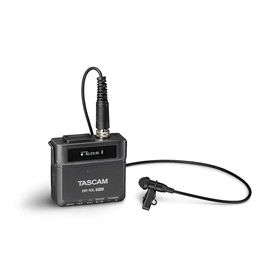 Black tascam dr-10l pro wireless lavalier microphone with compact transmitter features 32 bit floating point recording linear pcm recorder