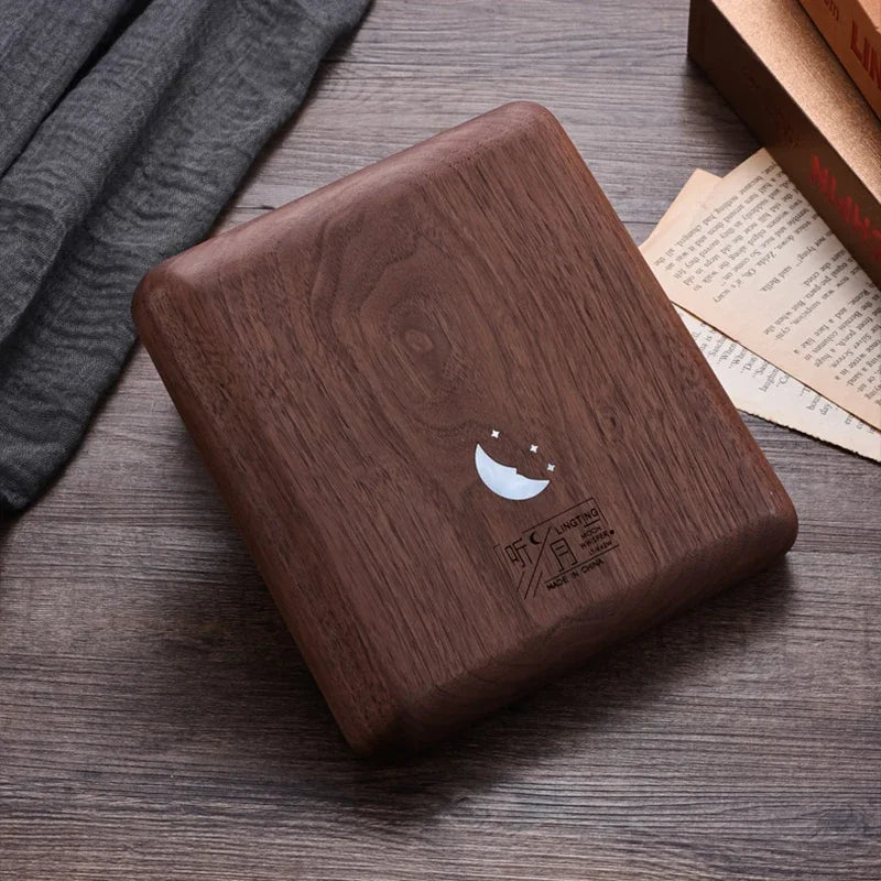 Dark brown wooden square box with crescent moon and star inlay for lingting chromatic kalimba professional keyboard