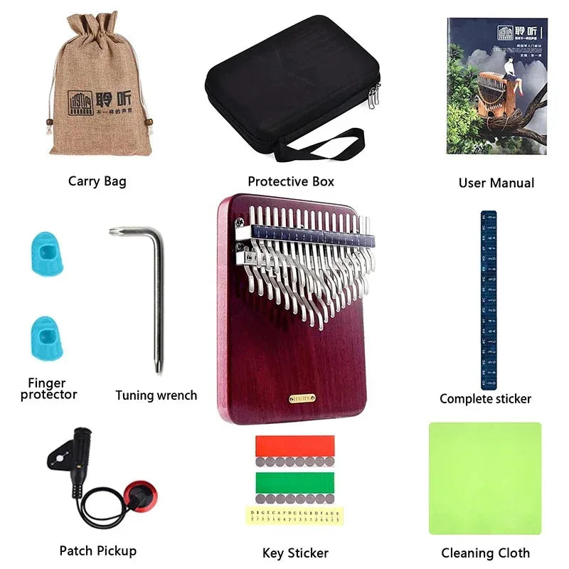 Maroon wooden lingting chromatic kalimba with silver metal keys and gold logo professional portable thumb piano