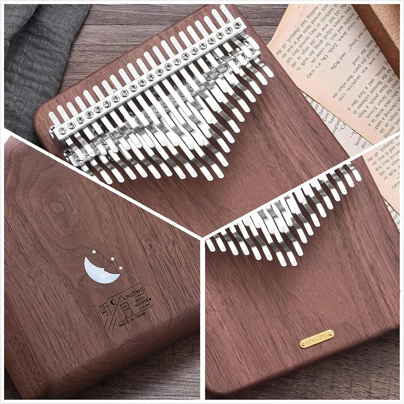 A sleek dark brown wooden lingting chromatic kalimba with polished metal tines and minimalist design keyboard professional kalimba