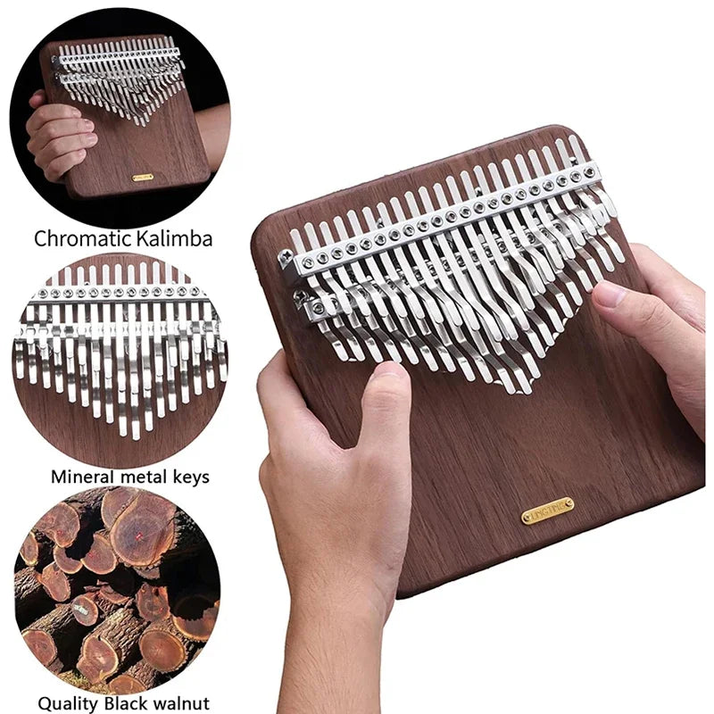 A sleek lingting chromatic kalimba with polished mineral metal keys and dark black walnut wood body keyboard professional kalimba