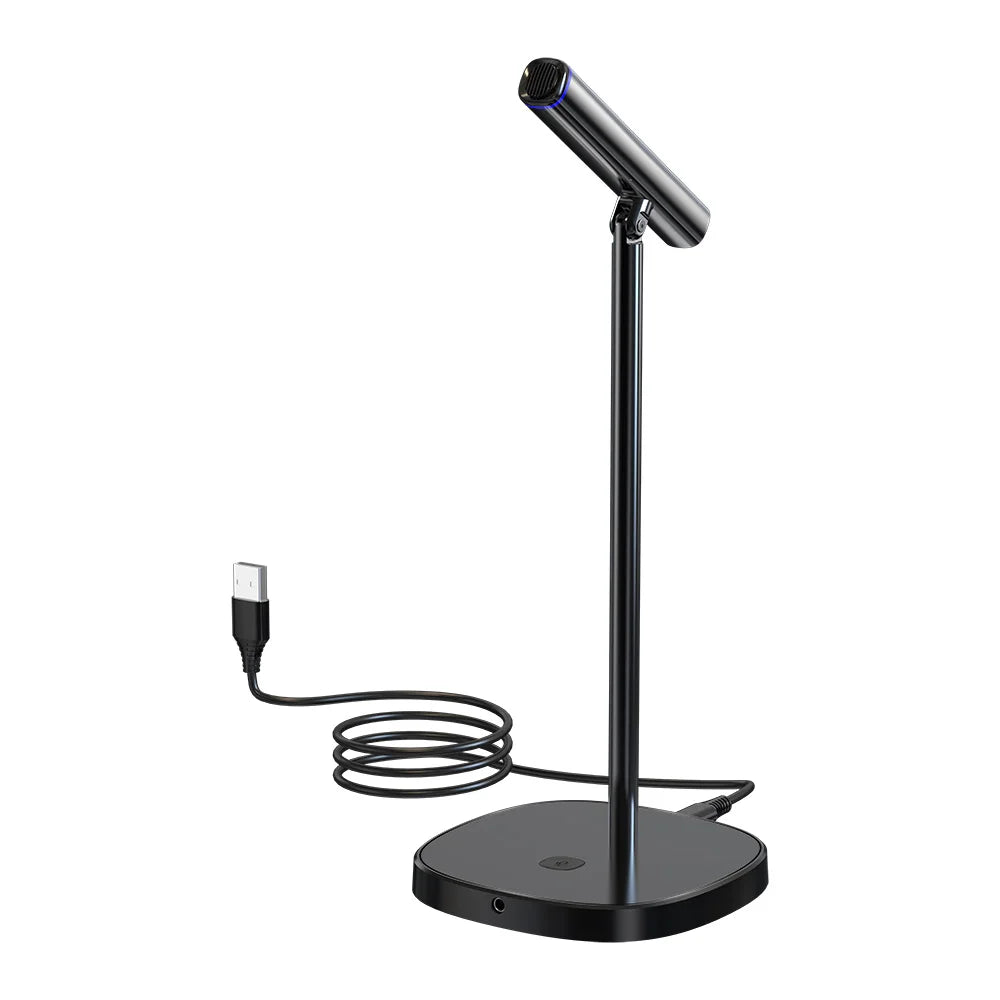 Black usb-powered desk lamp with sleek cylindrical head and adjustable stand shown with linim cm10 condenser usb microphone for laptop youtube recording