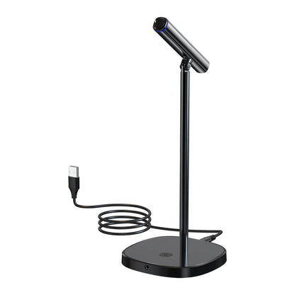 Black usb-powered desk lamp with sleek cylindrical head and adjustable stand shown with linim cm10 condenser usb microphone for laptop youtube recording