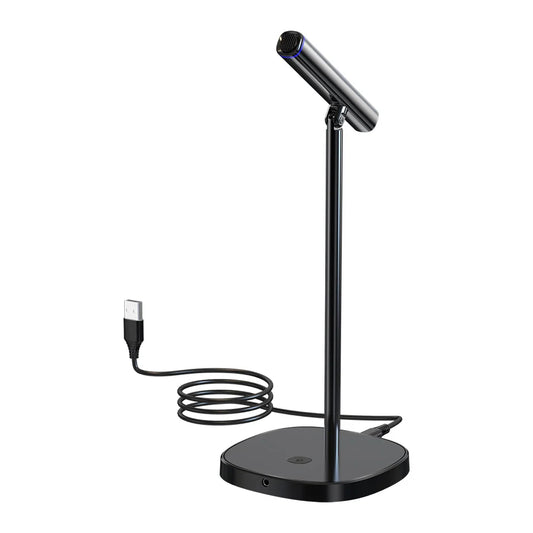 Black usb-powered desk lamp with sleek cylindrical head and adjustable stand shown with linim cm10 condenser usb microphone for laptop youtube recording