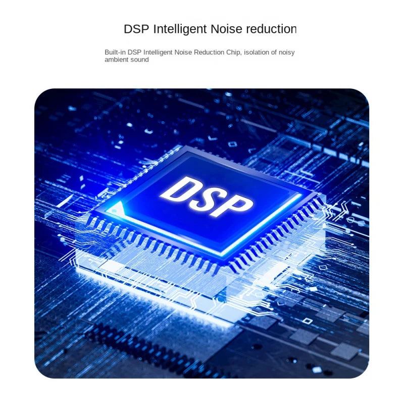 Blue square dsp intelligent noise reduction chip with glowing edges on circuit board in linim cm10 condenser desktop usb microphone