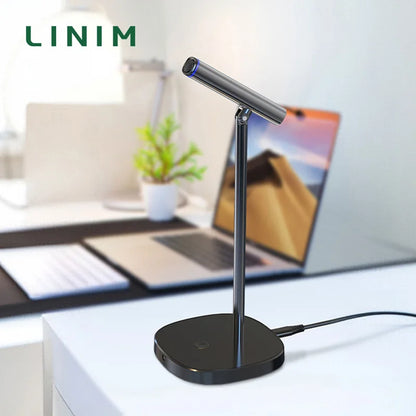Linim cm10 condenser desktop usb microphone shown with black desk lamp featuring sleek metallic finish and adjustable gooseneck