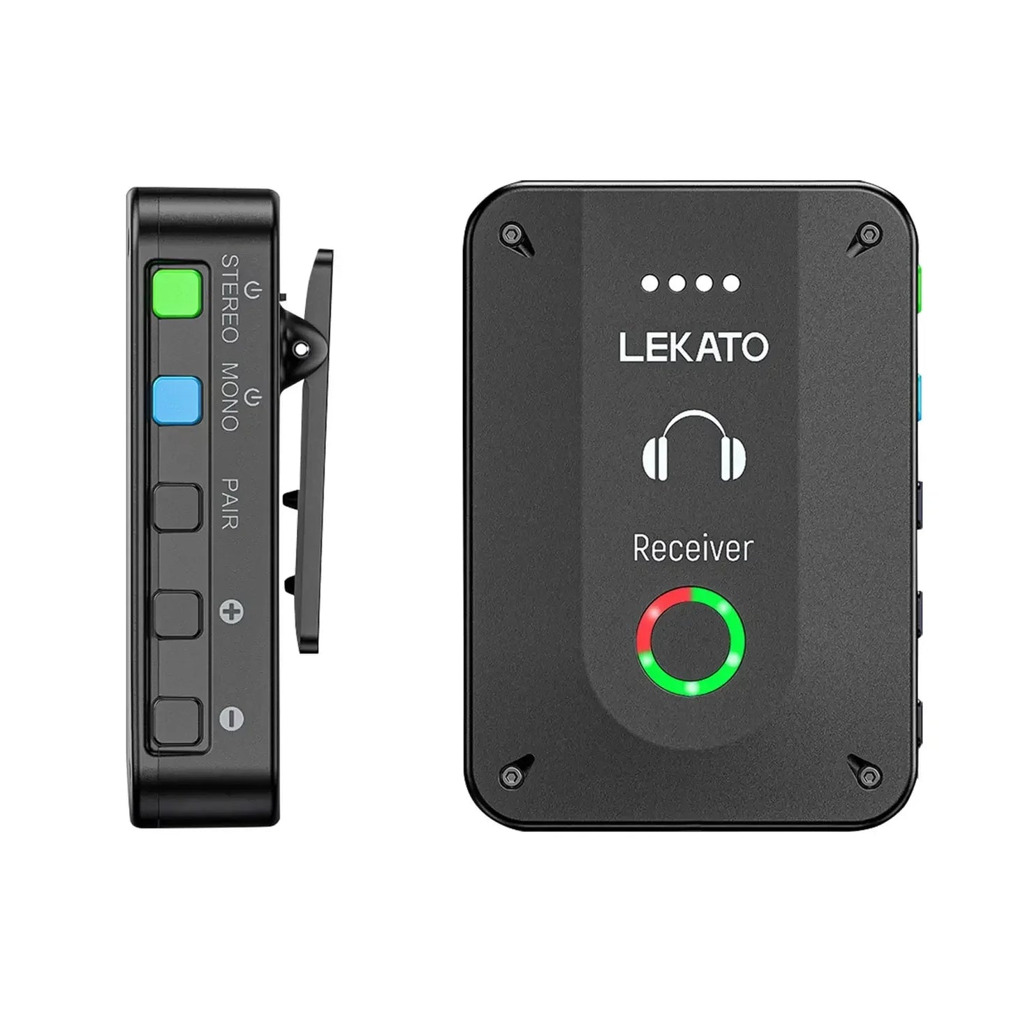 Black lekato ms-02 wireless in-ear monitor receiver with green and red power indicator and clip for live band studio use