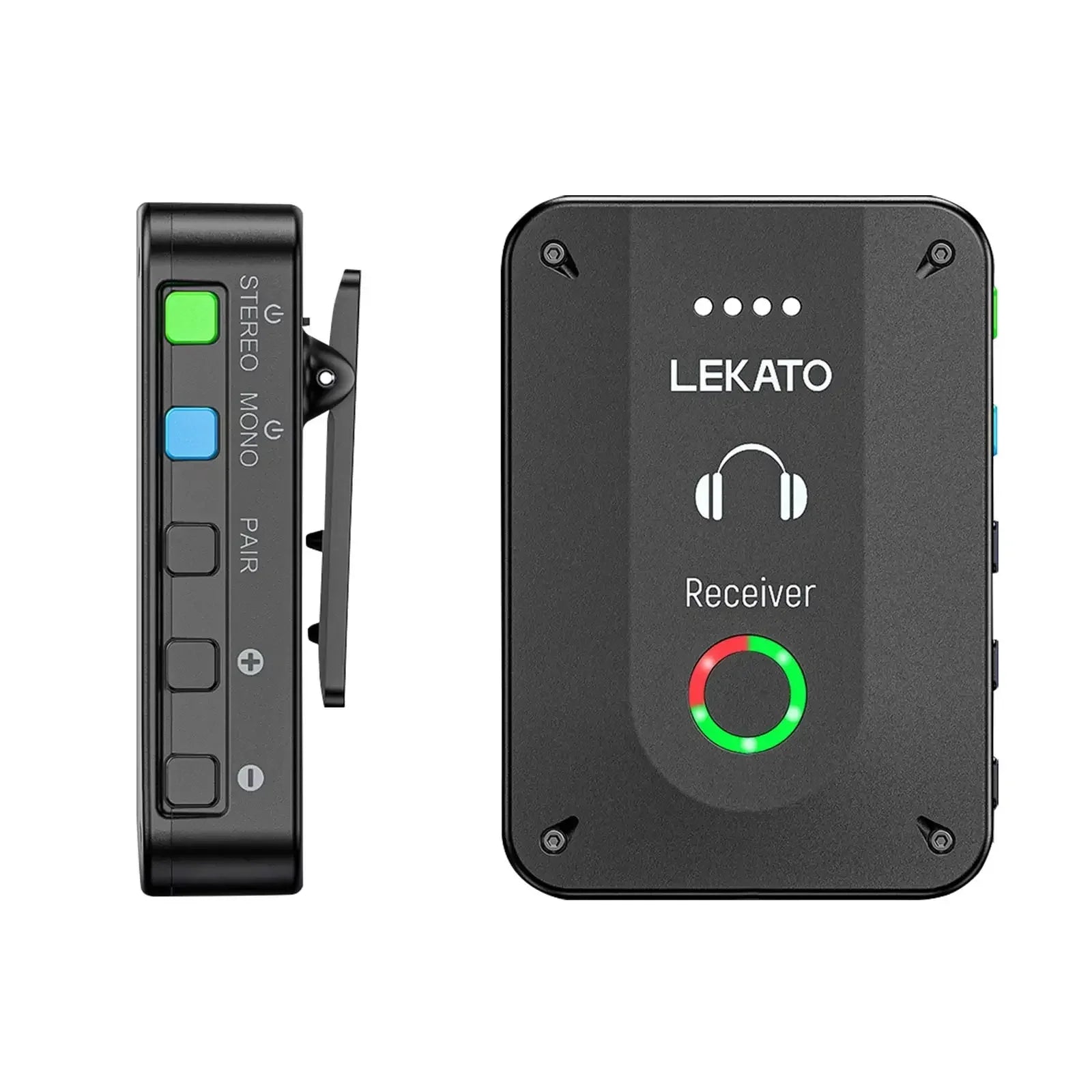 Black lekato ms-02 wireless in-ear monitor receiver with green and red power indicator and clip for live band studio use