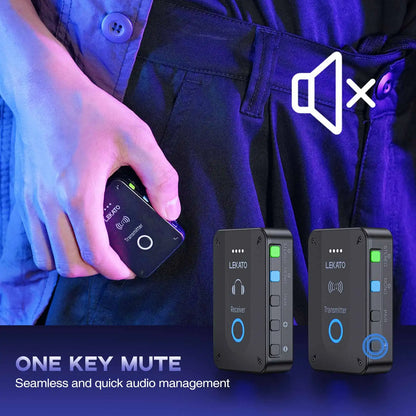Black lekato ms-02 wireless in-ear monitor system with blue led indicators and labeled transmitter and receiver units for live band studio use