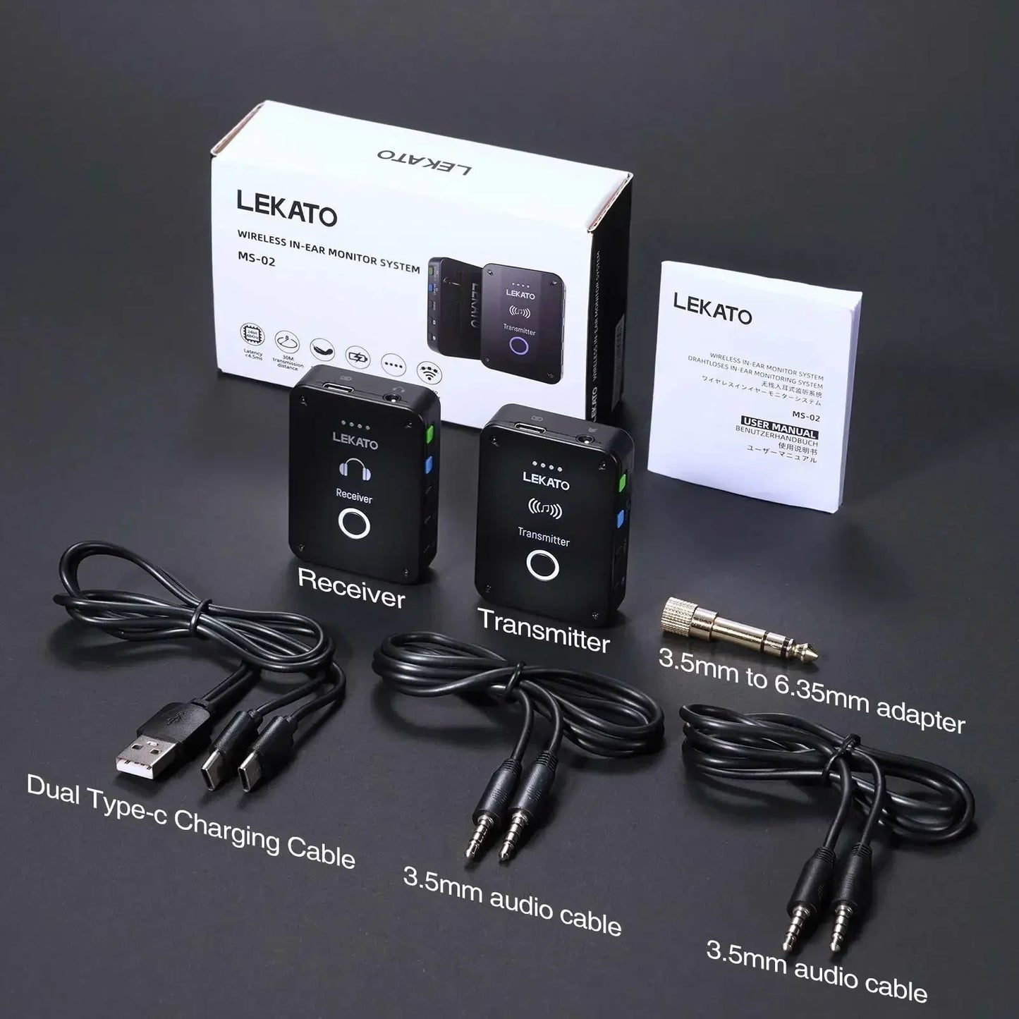 Black lekato ms-02 wireless in-ear monitor system with green indicator lights for live band studio use