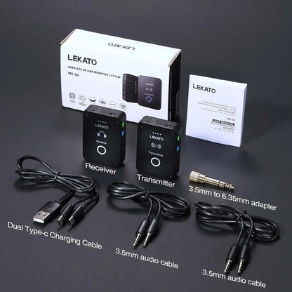 Black lekato ms-02 wireless in-ear monitor system with green indicator lights for live band studio use