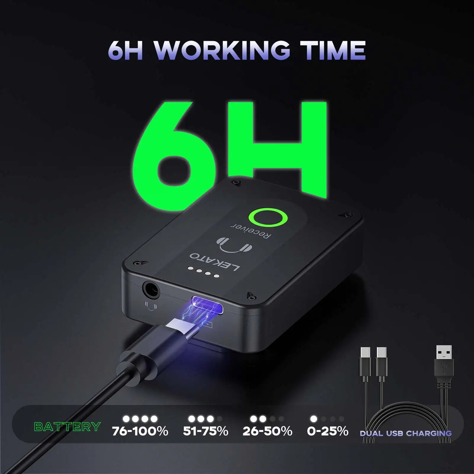 Black rectangular lekato ms-02 wireless in-ear monitor receiver with glowing green power indicator and dual usb charging ports