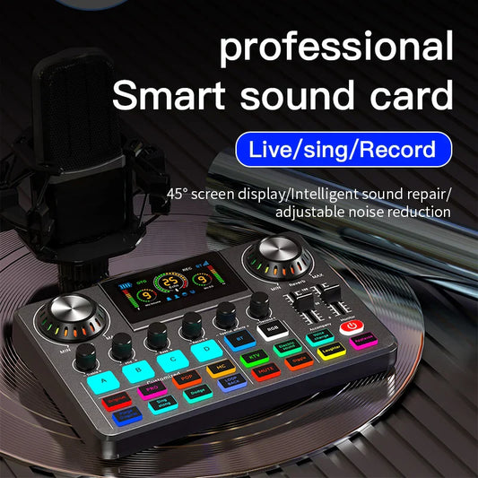 Black professional live sound card audio mixer with colorful illuminated buttons and 45-degree screen for podcast gaming 48v