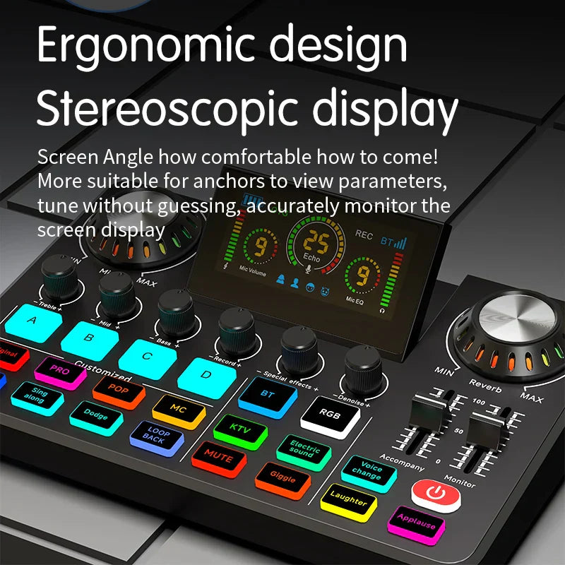Black and silver audio mixer with colorful illuminated buttons live sound card for podcast gaming 48v recording