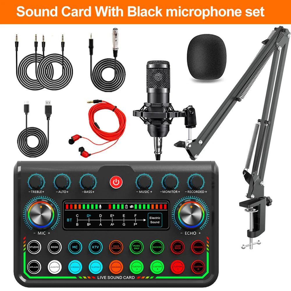Black sound card with microphone set and colorful illuminated knobs for podcast bluetooth audio and game recording live use
