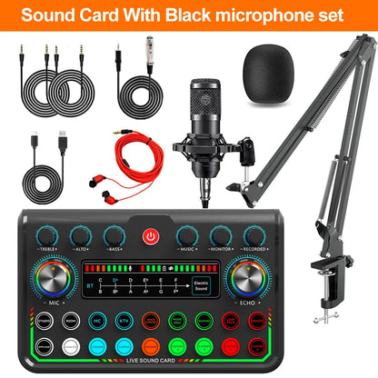 Black sound card with microphone set and colorful illuminated knobs for podcast bluetooth audio and game recording live use
