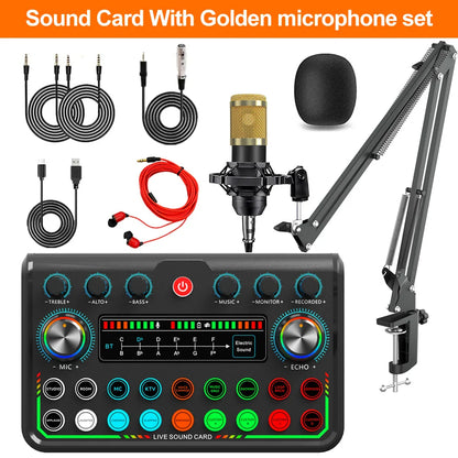 Black live broadcast sound card with golden microphone set and colorful knobs for podcast bluetooth audio mixer and game recording live