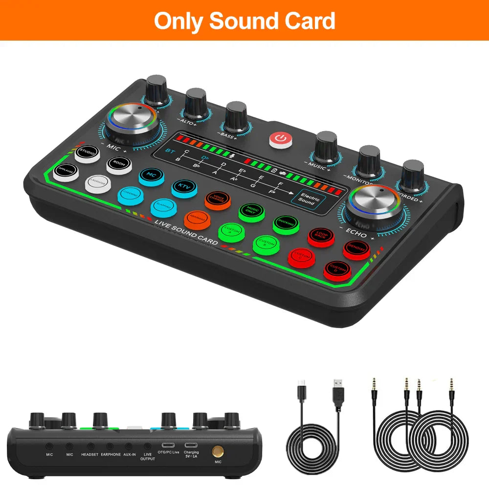 Black rectangular sound card with colorful knobs for podcast bluetooth audio mixer and game recording live streaming