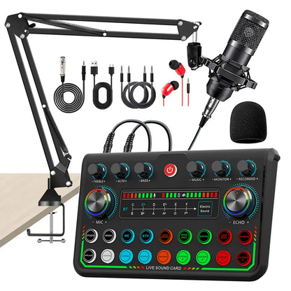 Black desktop microphone setup with adjustable arm and colorful illuminated bluetooth audio mixer for game recording live