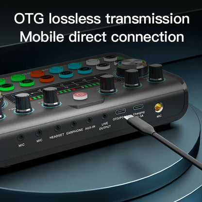 Black audio interface with colorful control buttons and multiple ports for direct mobile connection podcast bluetooth audio mixer for game recording live