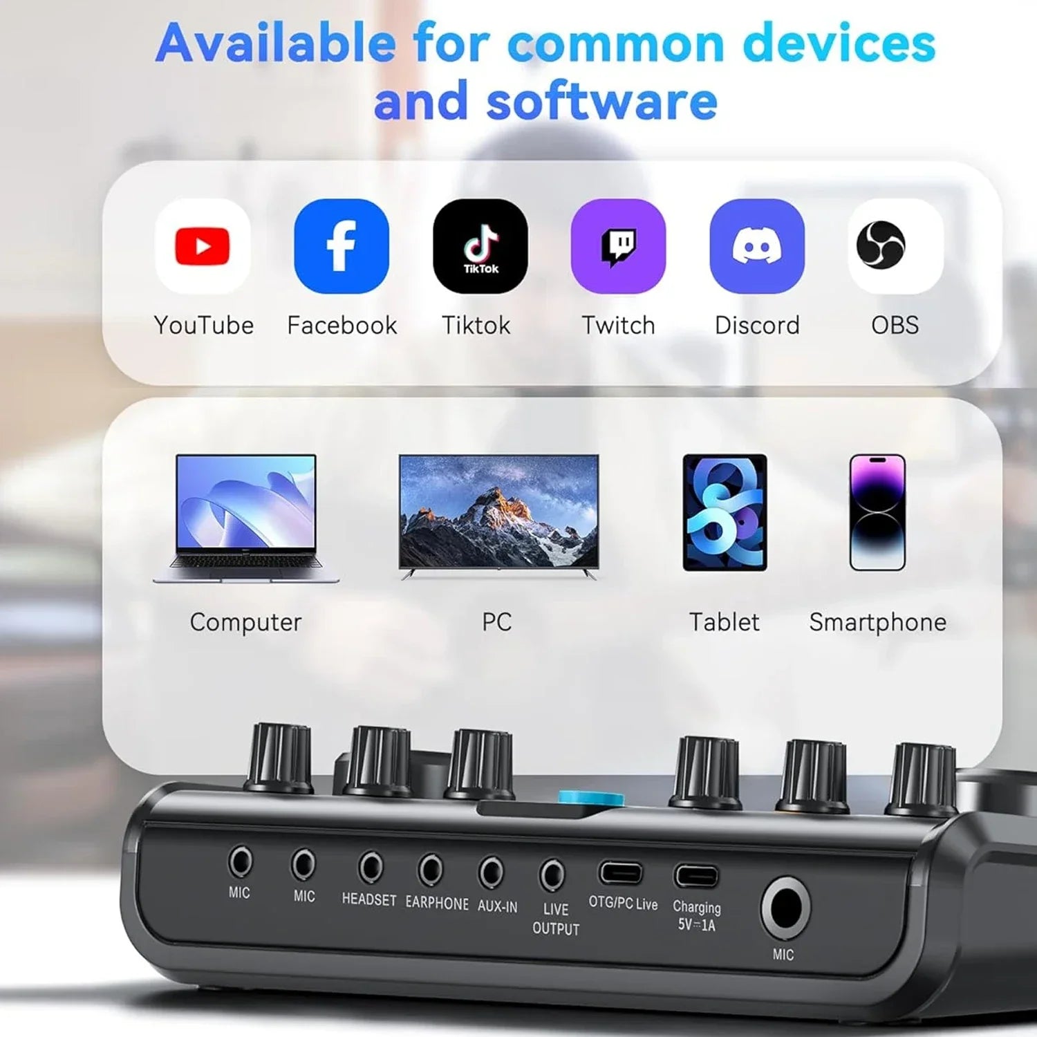 Black podcast bluetooth audio mixer with multiple input output ports and knobs for game recording live streaming use