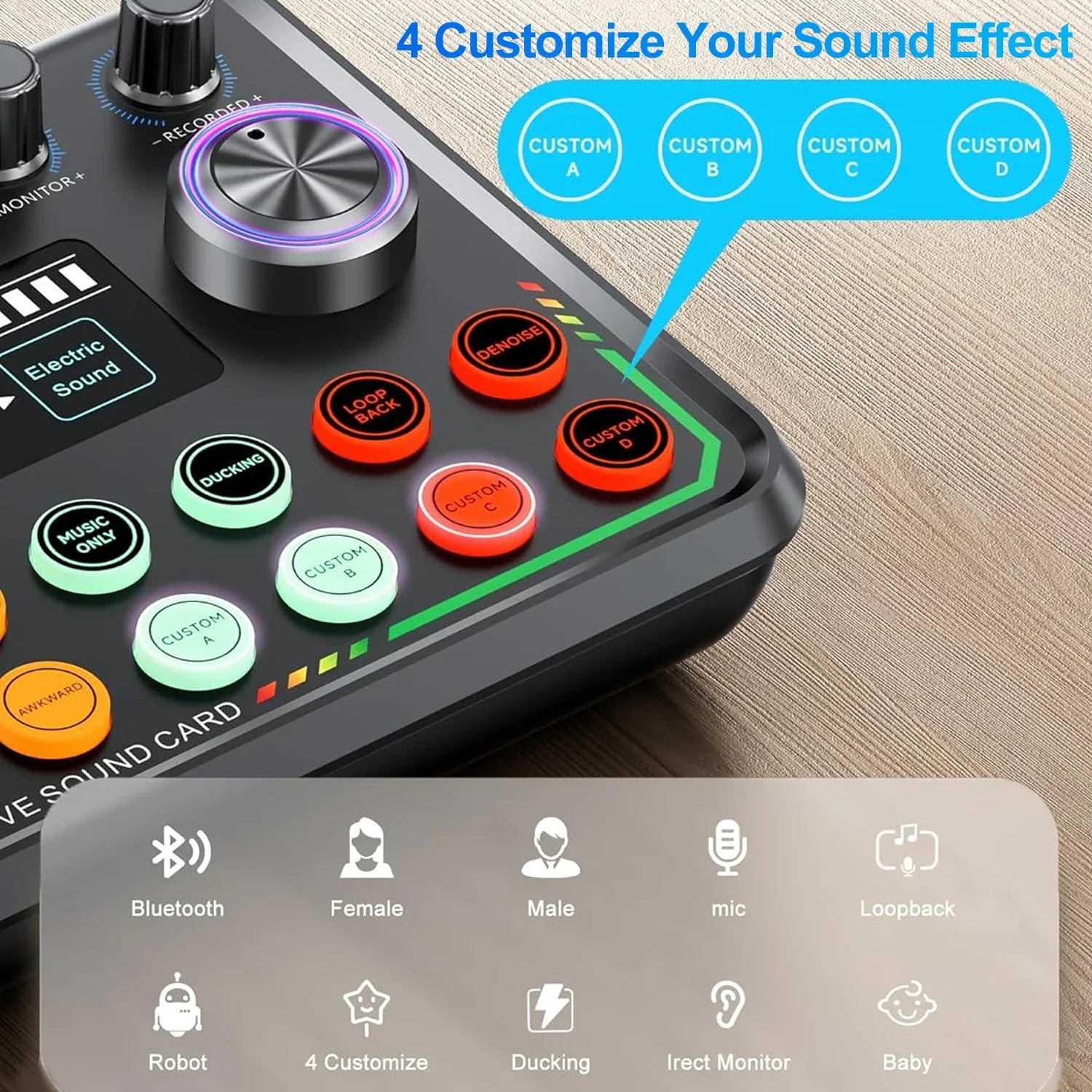 Black audio interface with colorful illuminated buttons and central rotary knob for podcast bluetooth audio and game recording live