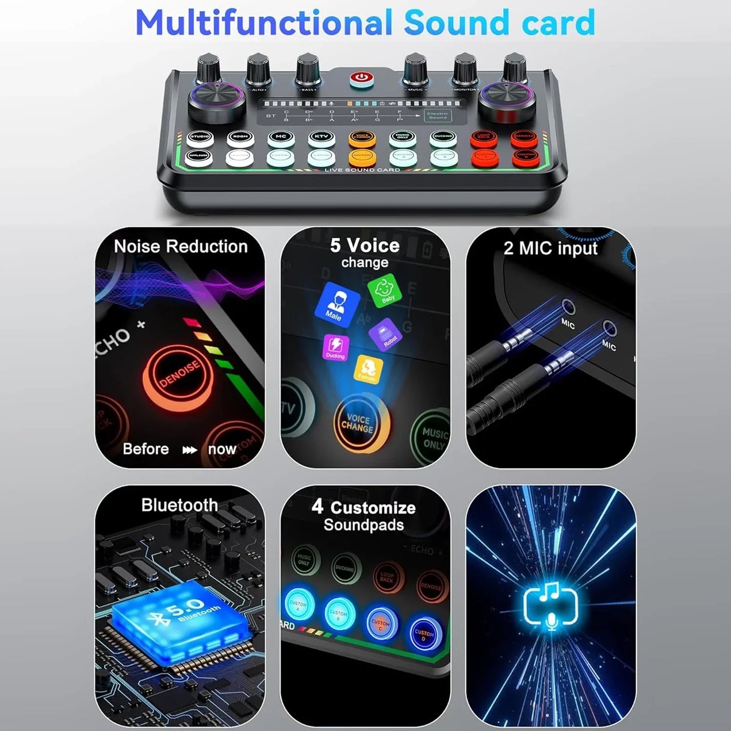 Black multifunctional sound card with knobs buttons and led indicators for podcast bluetooth audio and game recording live use