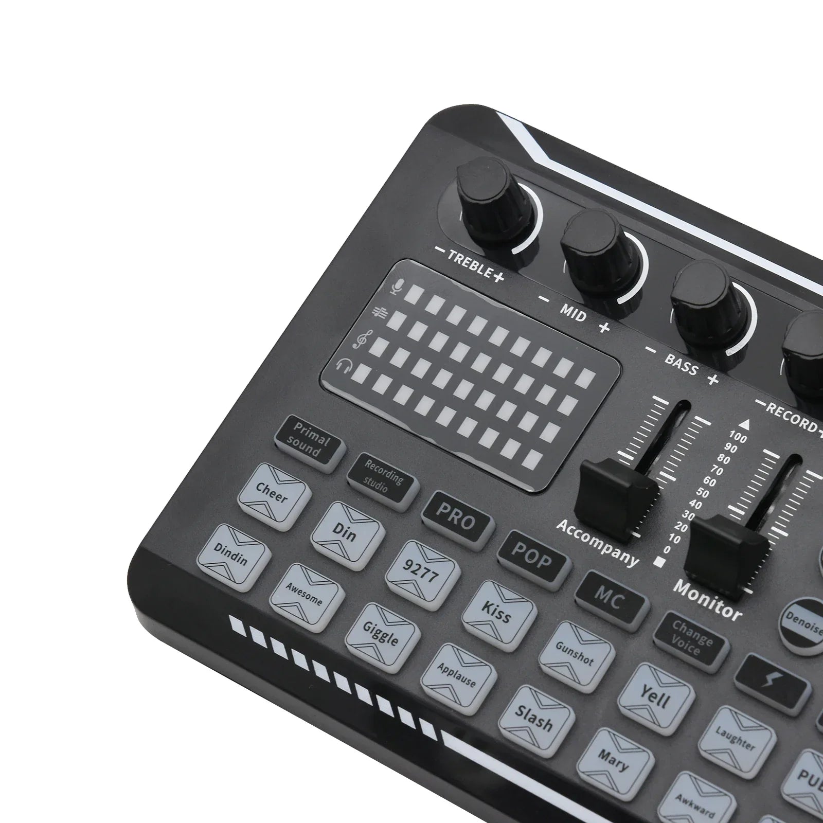 Black f998 sound card with silver buttons and white led indicators professional sound mixer for podcast dj equipment