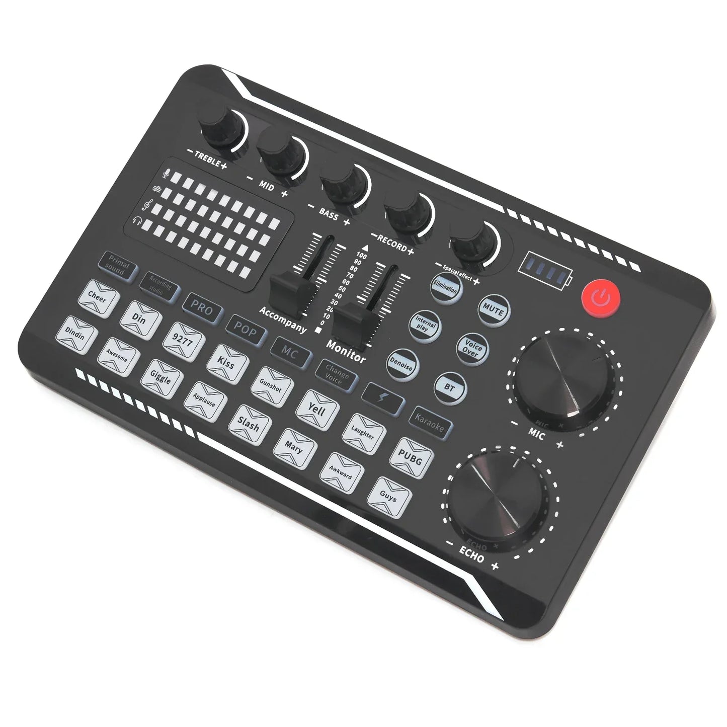 Black usb f998 sound card with silver knobs and buttons compact design for professional podcast dj equipment and sound mixer