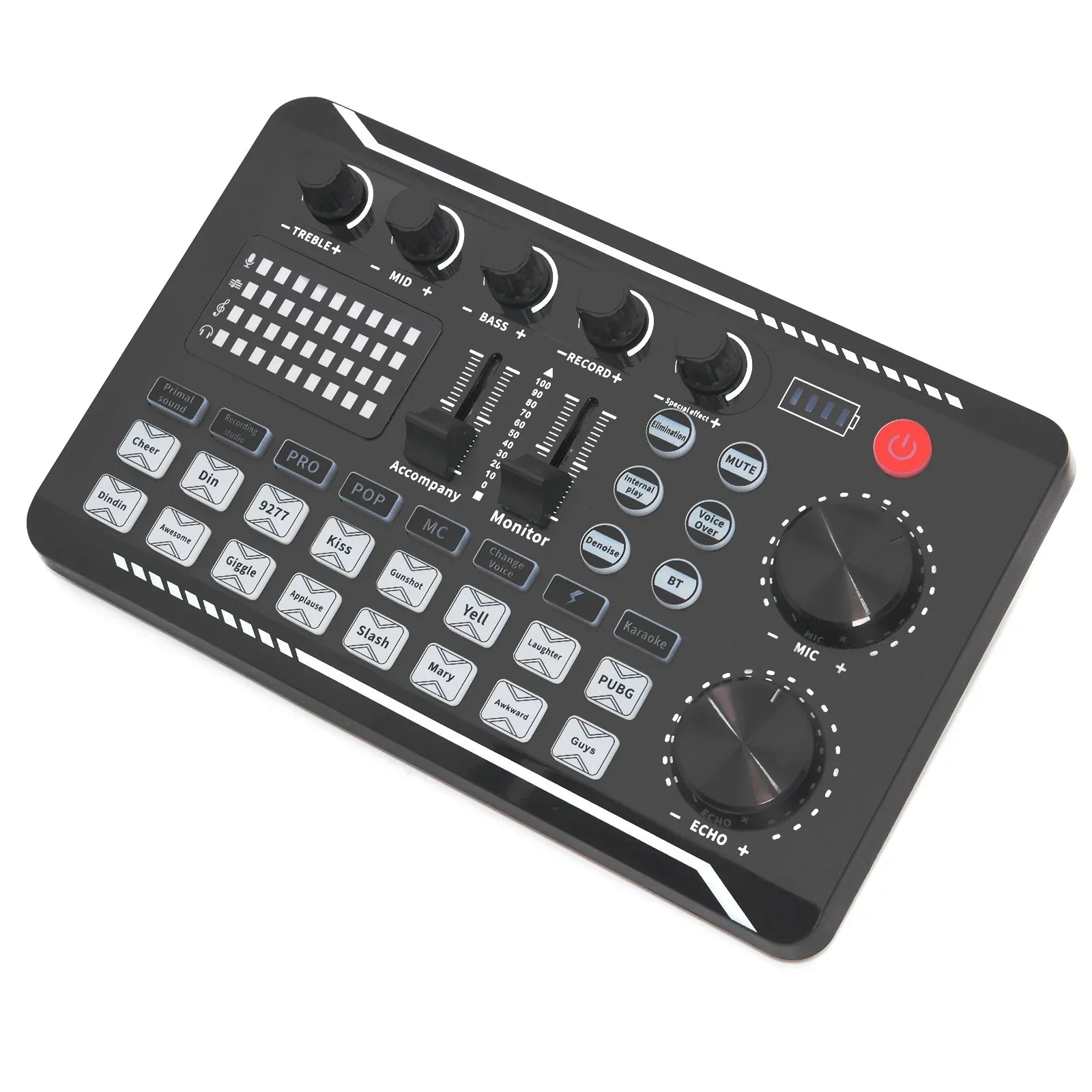 Black usb f998 sound card with silver knobs and buttons compact design for professional podcast dj equipment and sound mixer