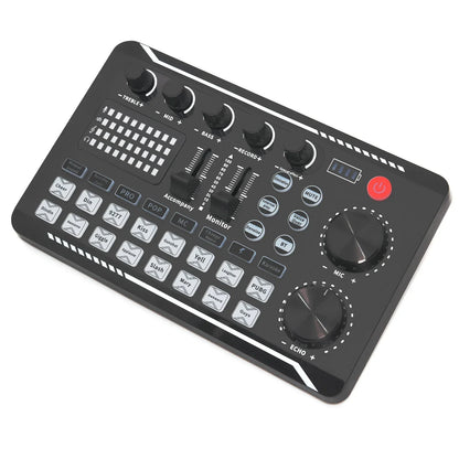 Black usb f998 sound card with silver knobs and buttons compact design for professional podcast dj equipment and sound mixer