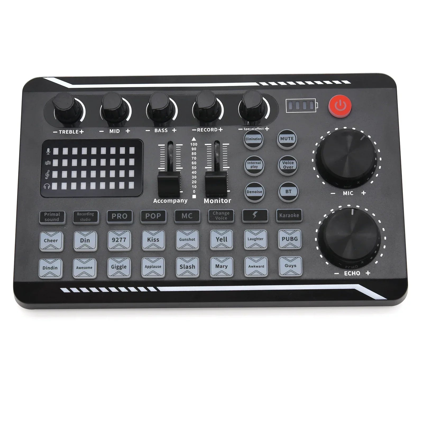 Black rectangular f998 sound card console with knobs sliders and labeled buttons professional sound mixer for podcast dj equipment
