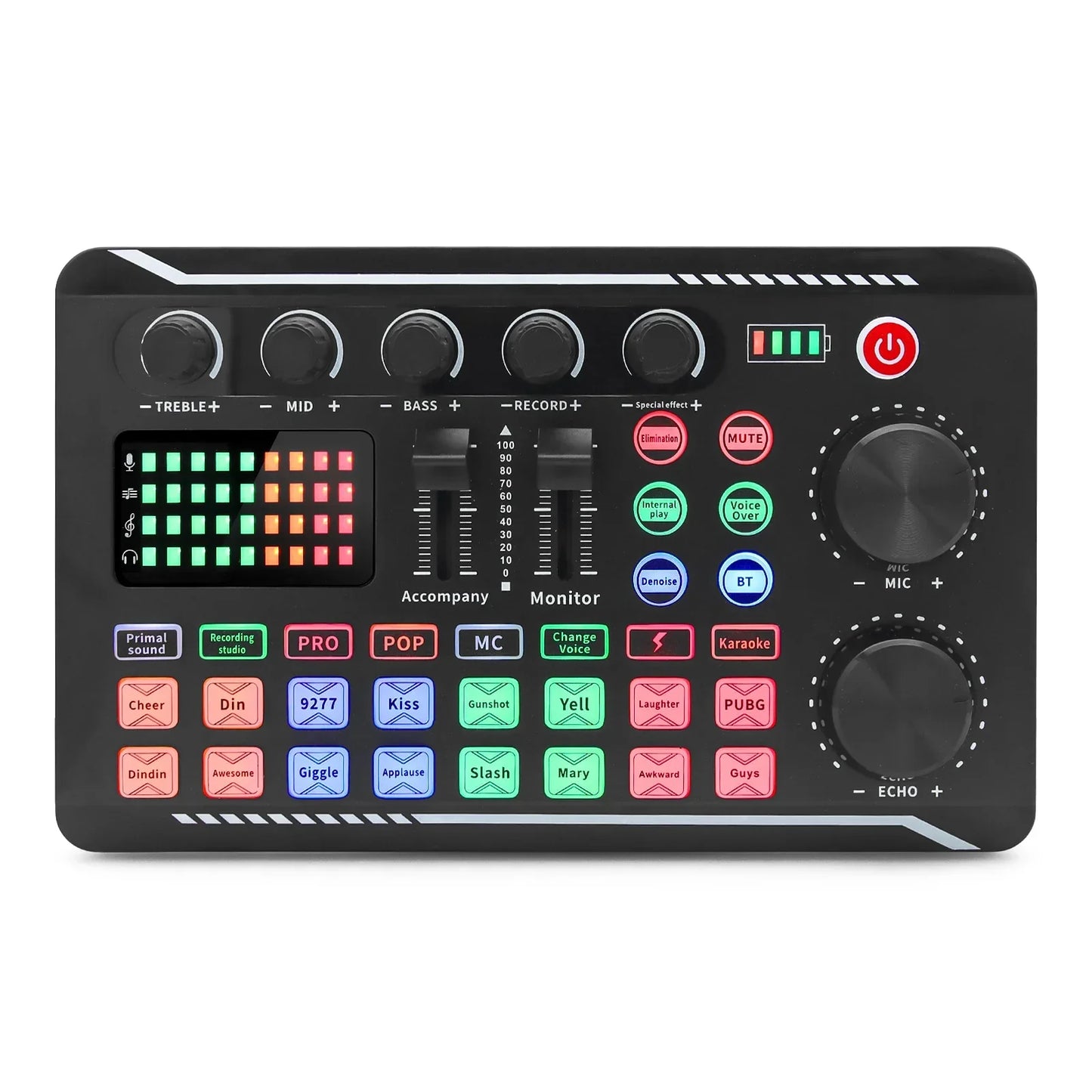 Black rectangular f998 sound card with colorful led display and control knobs for professional podcast dj equipment